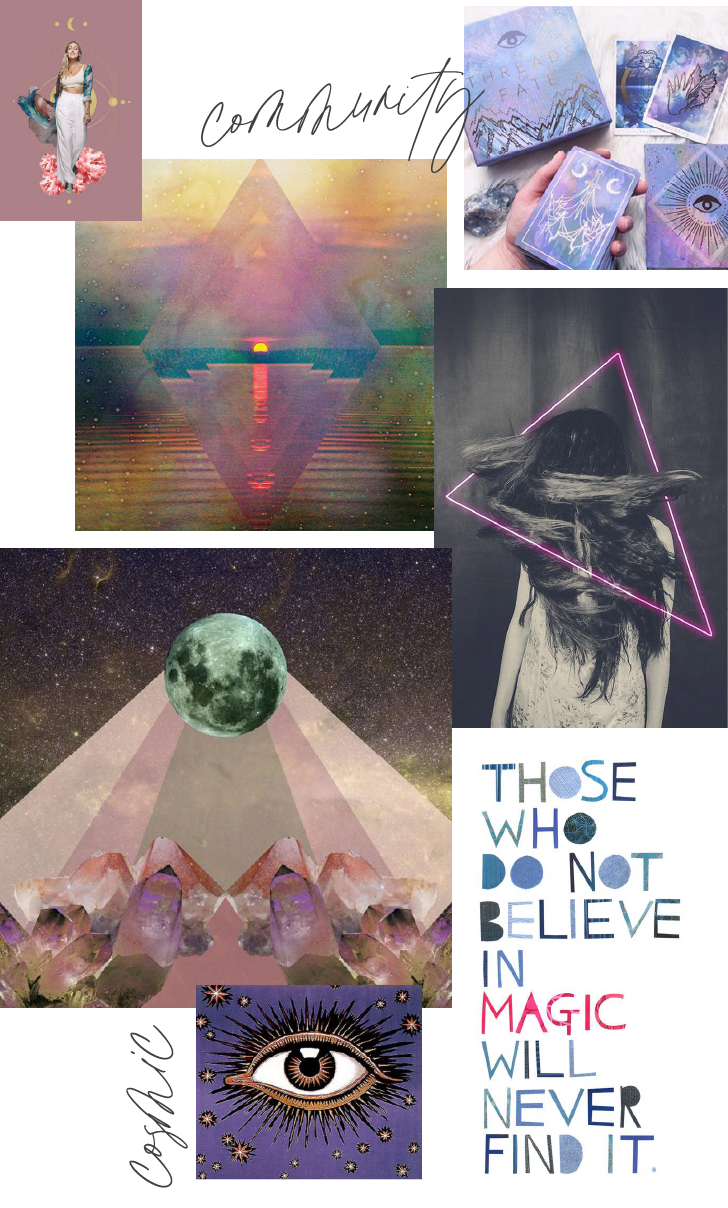 inspiration board with purples, golds, cosmic skies, sacred geometry and tarot influences