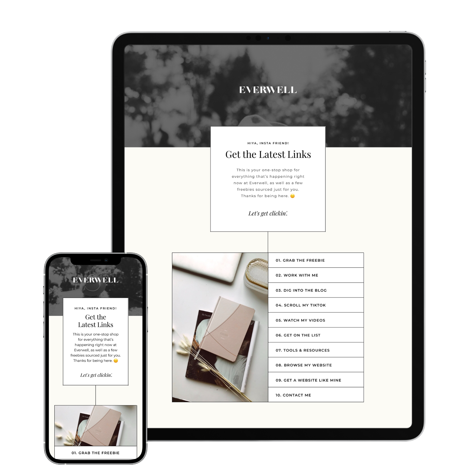 Everwell Showit Website Instagram Bio Links Page Template mockup iPad and iPhone
